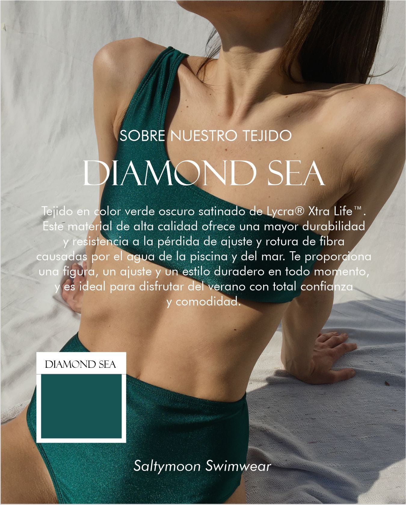 Composición y características del tejido de licra satinado verde de nuestras bikinis