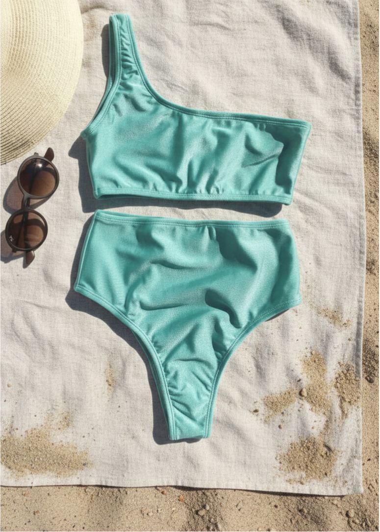 Bikini de licra verde agua satinado - top asimétrico y braga alta - vista de frente apoyado en la arena