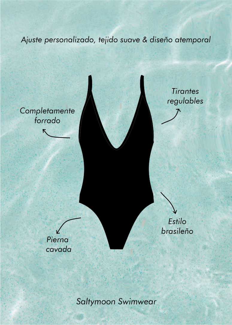 Detalles de diseño del bañador negro de mujer Saltymoon