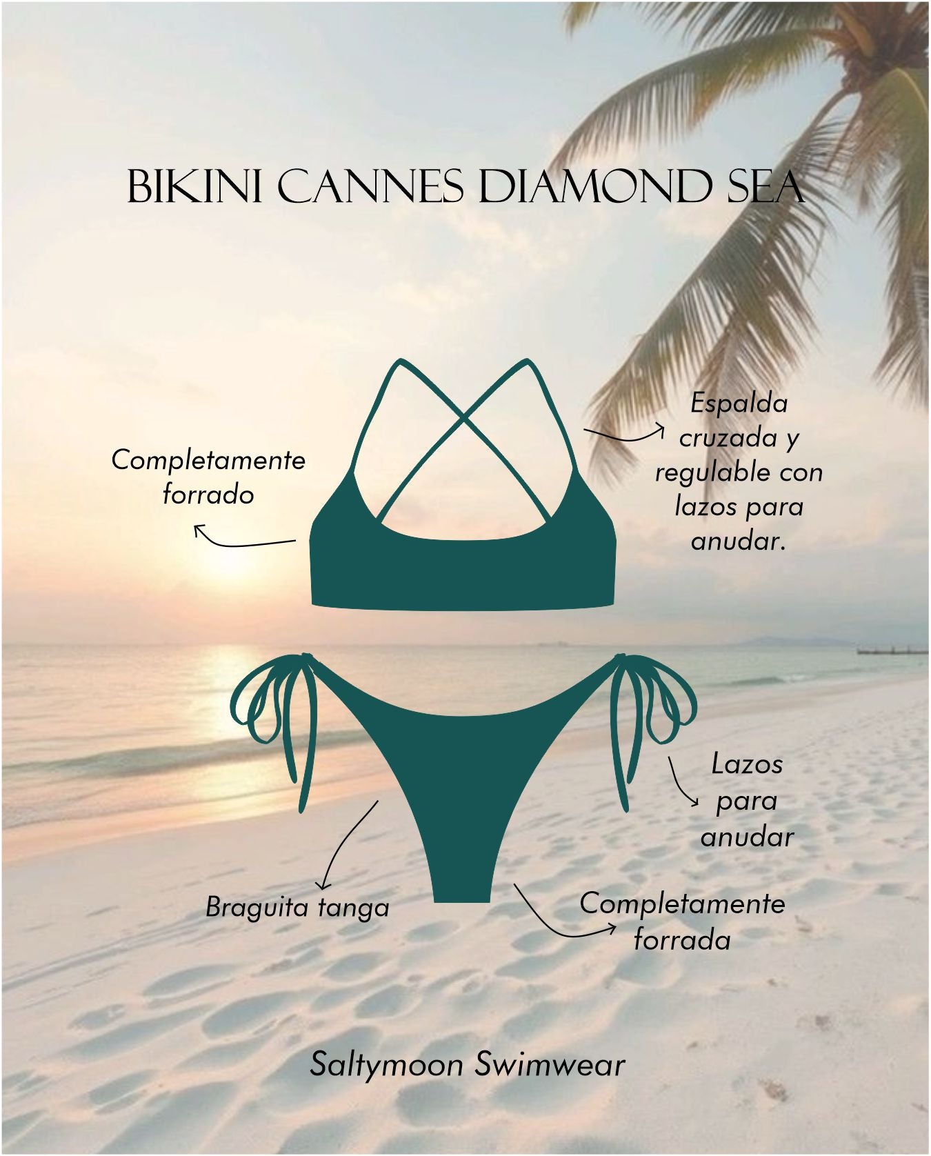 Detalles de diseño de bikini de mujer verde con top y braguita tanga