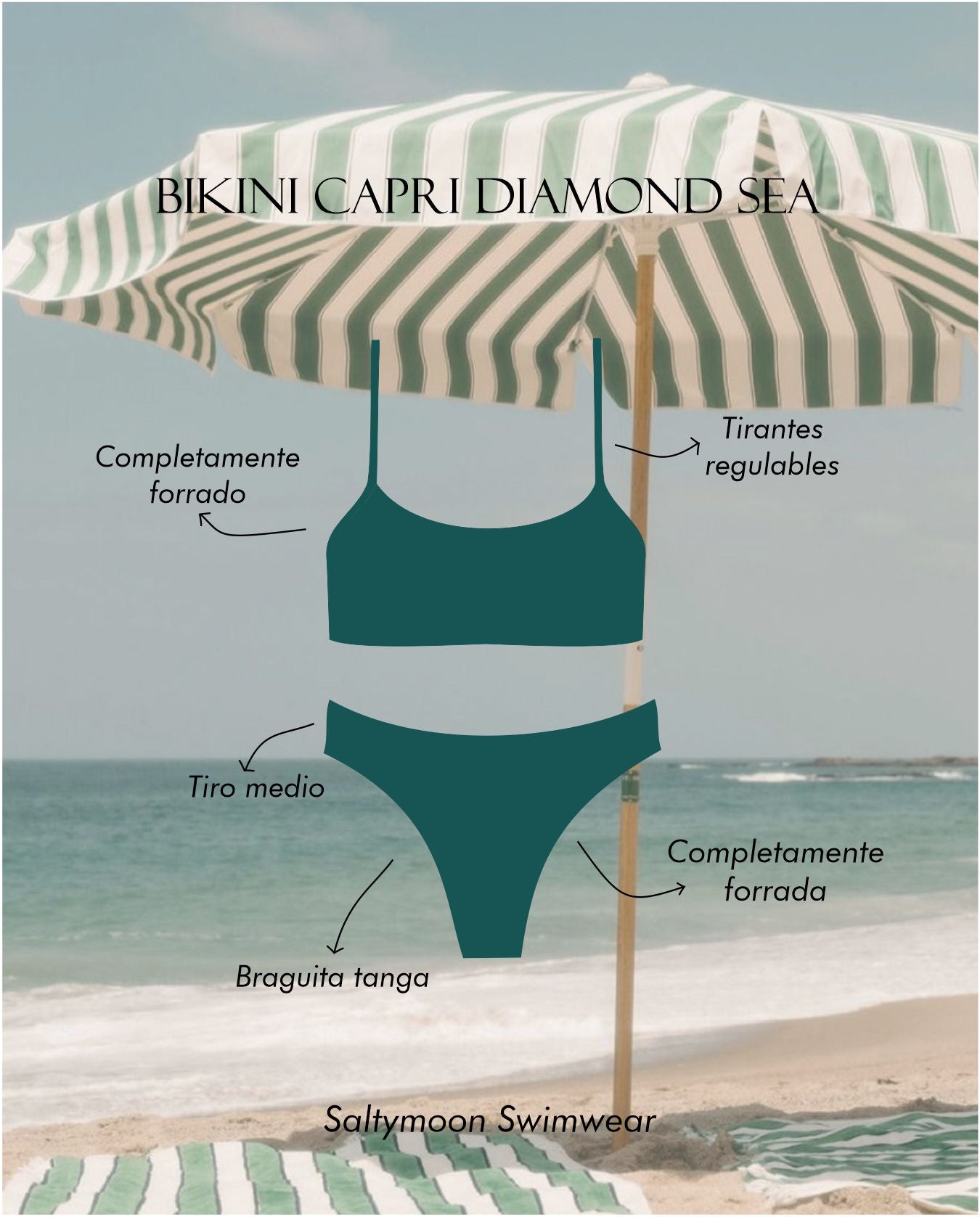 Bikini de top deportivo y braguita tanga en color verde oscuro - detalles de diseño