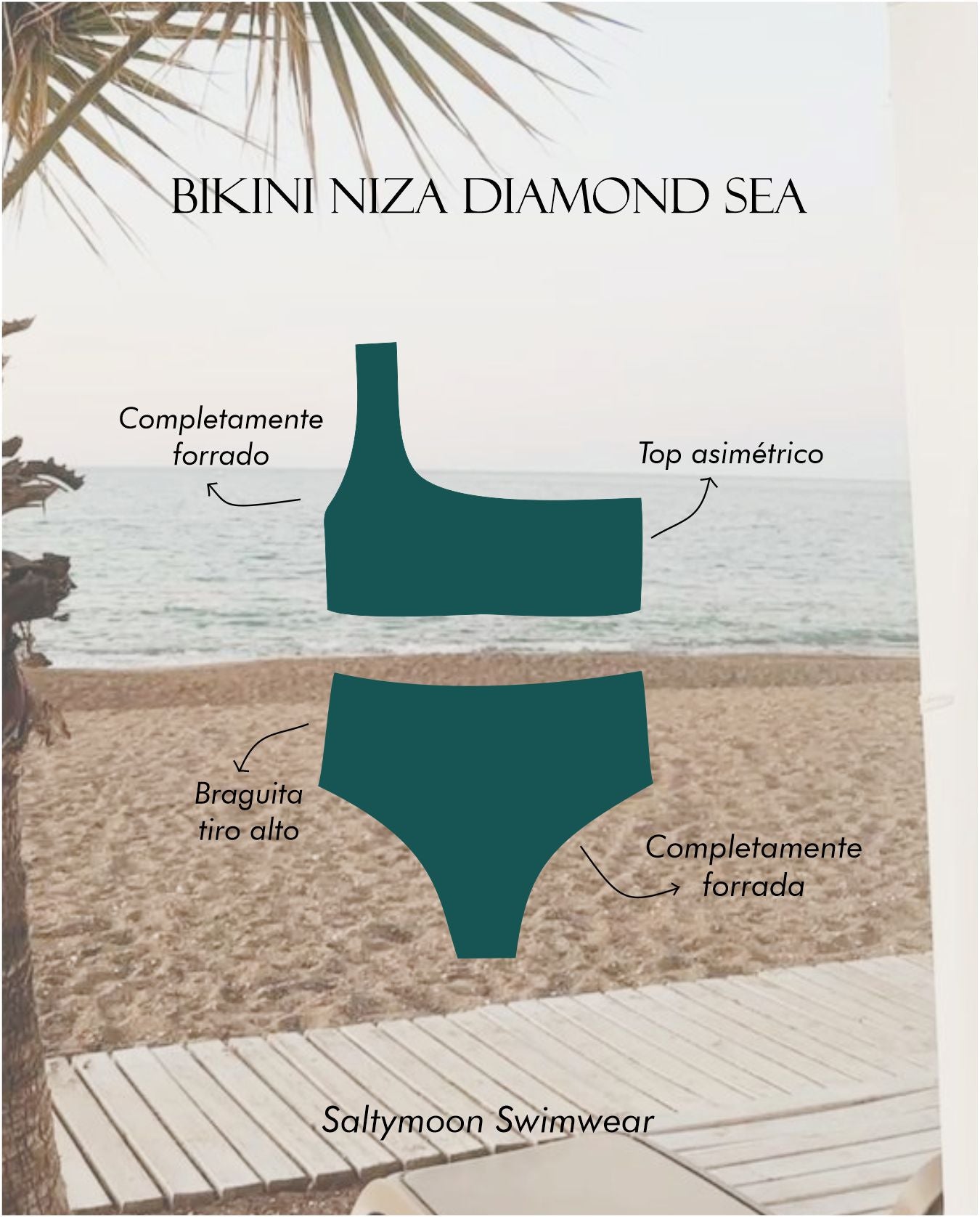 Bikini con top asimétrico y braga alta en color verde - detalles del diseño