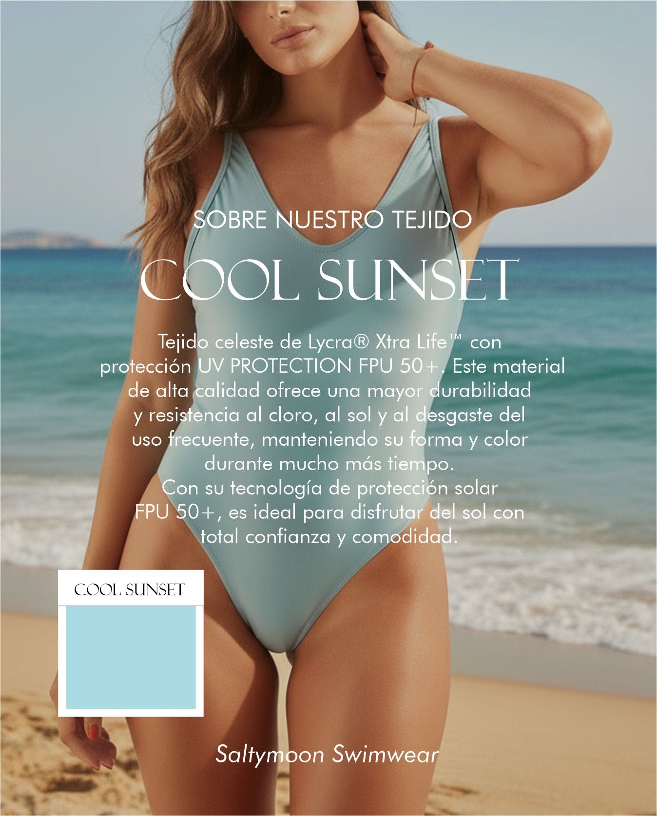 Bañador Cádiz Cool Sunset - características del tejido de lycra color celeste