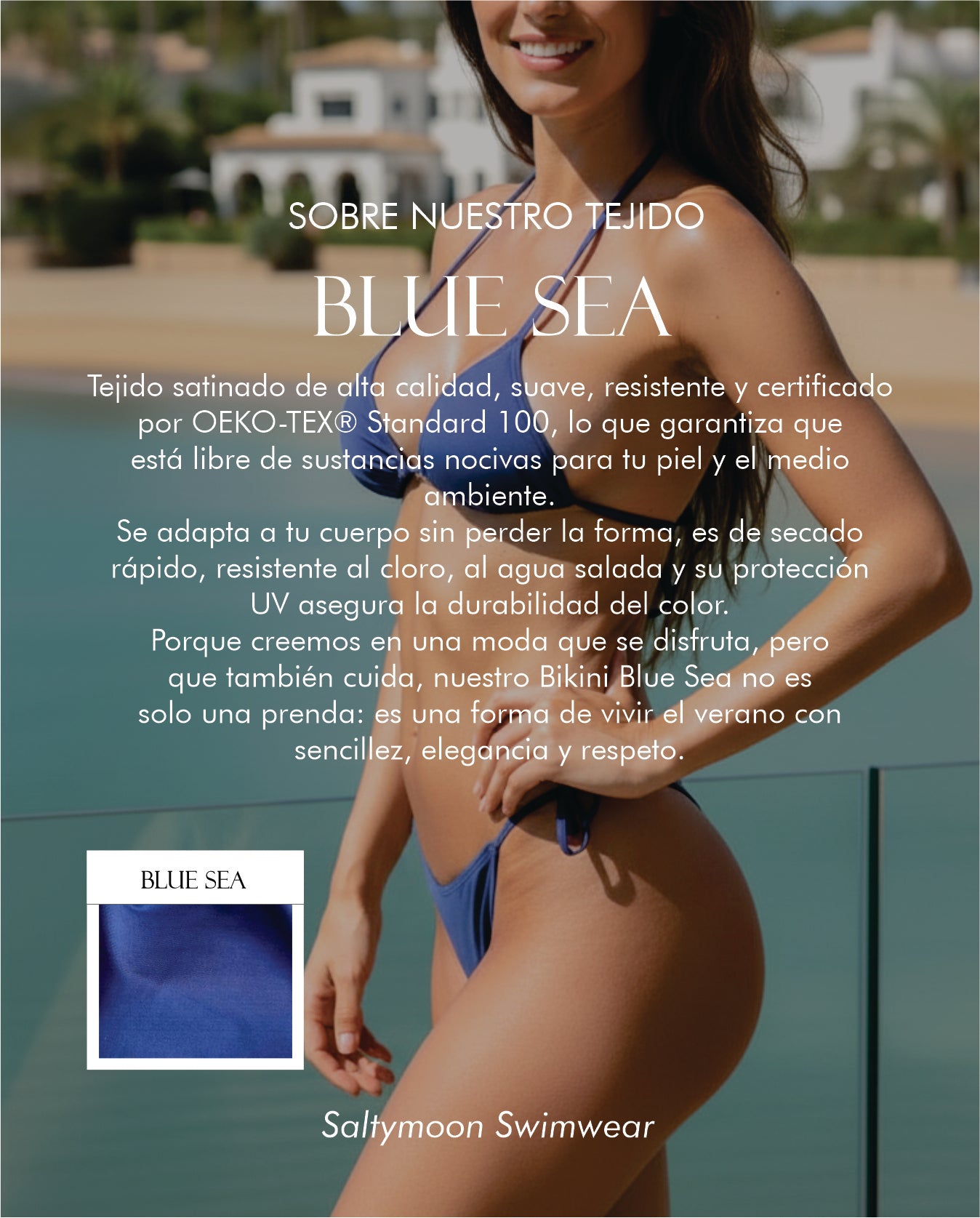 Bikini Amalfi Blue Sea características del tejido de licra en color azul satinado