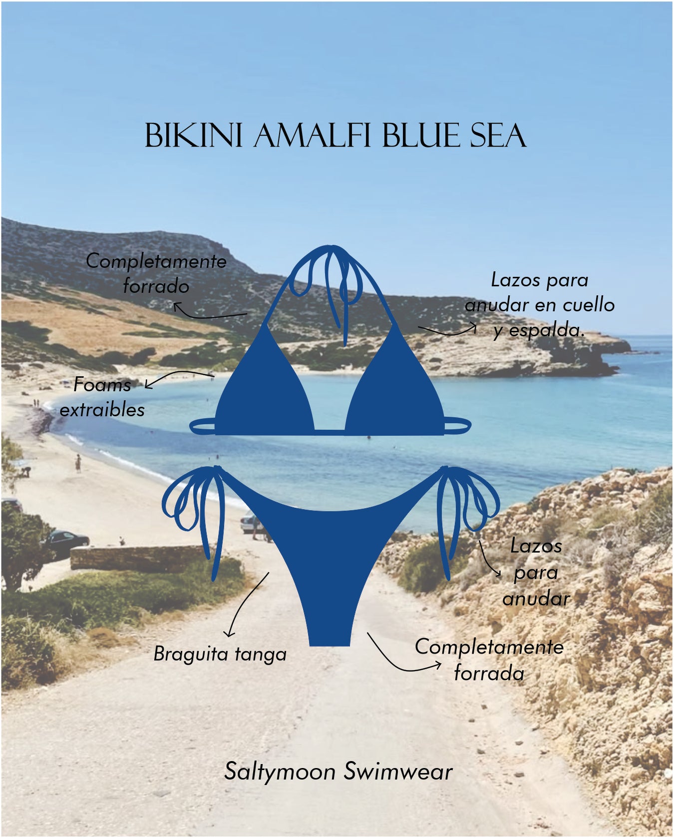 Bikini Amalfi Blue Sea - detalles del diseño top triangulito y braguita tanga 