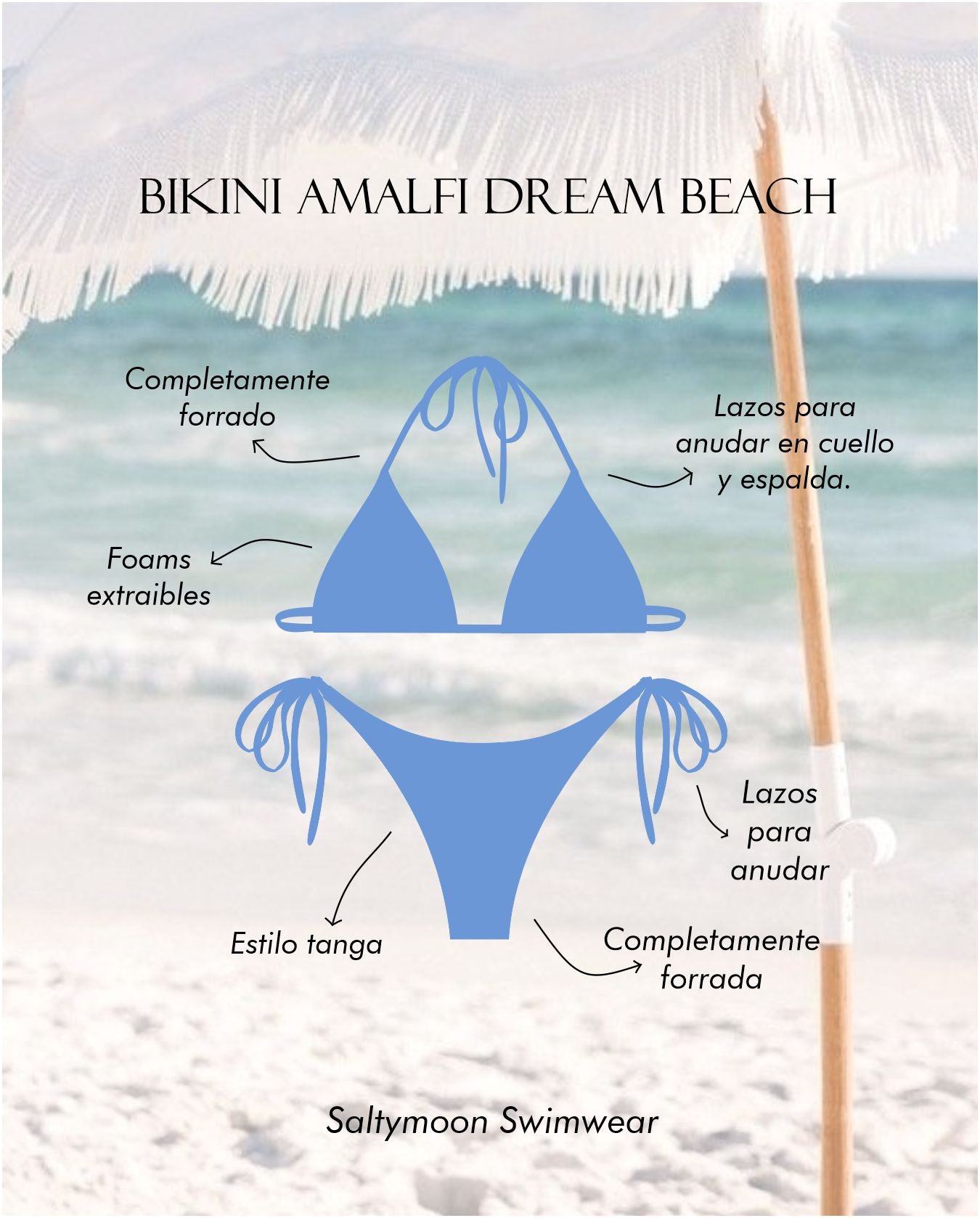 Bikini con top triangulo y braga tanga en lycra pique celeste 