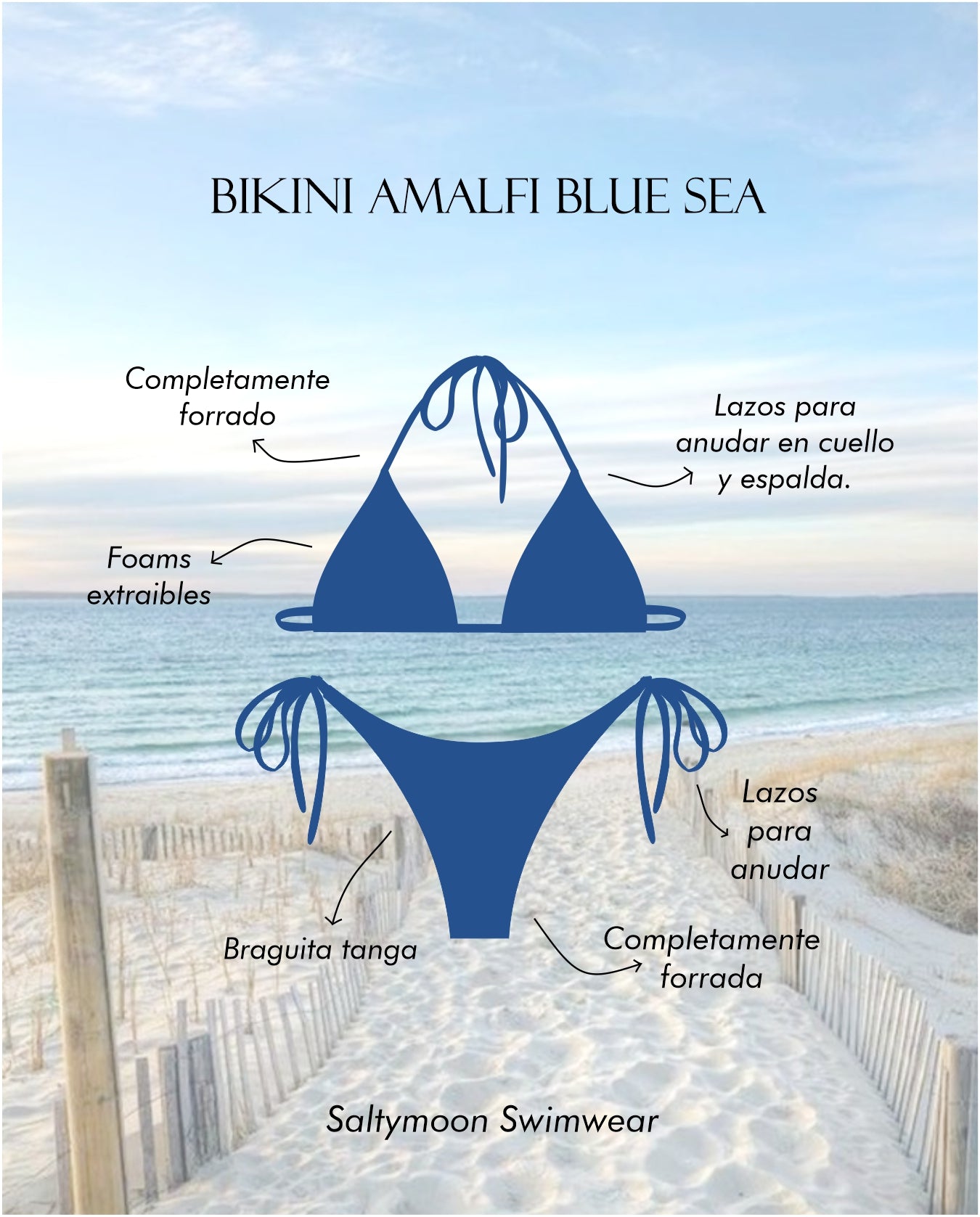 Bikini Amalfi Blue Sea - detalles del diseño top triangulito y braguita tanga 