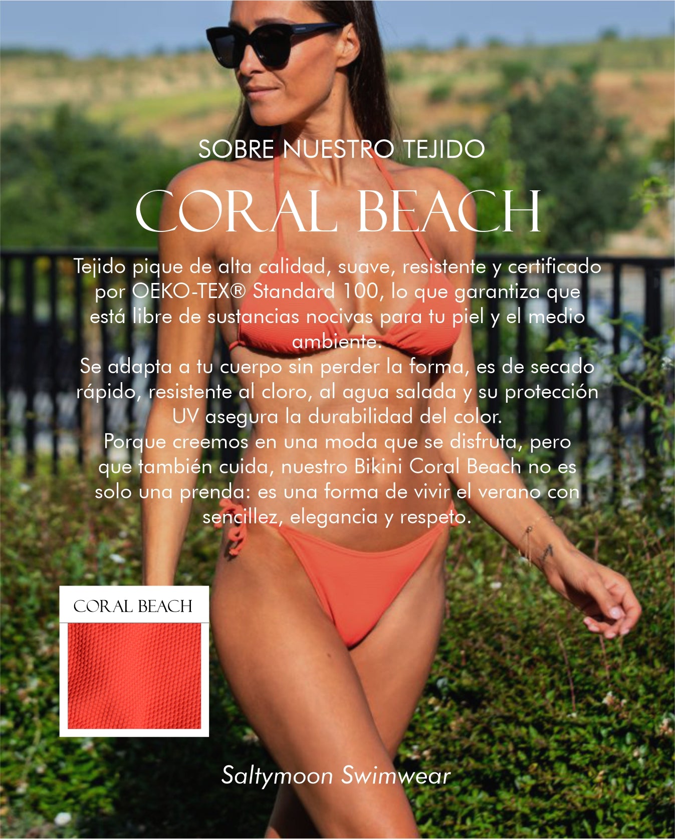 Bikini Amalfi Coral Beach características del tejido pique color coral