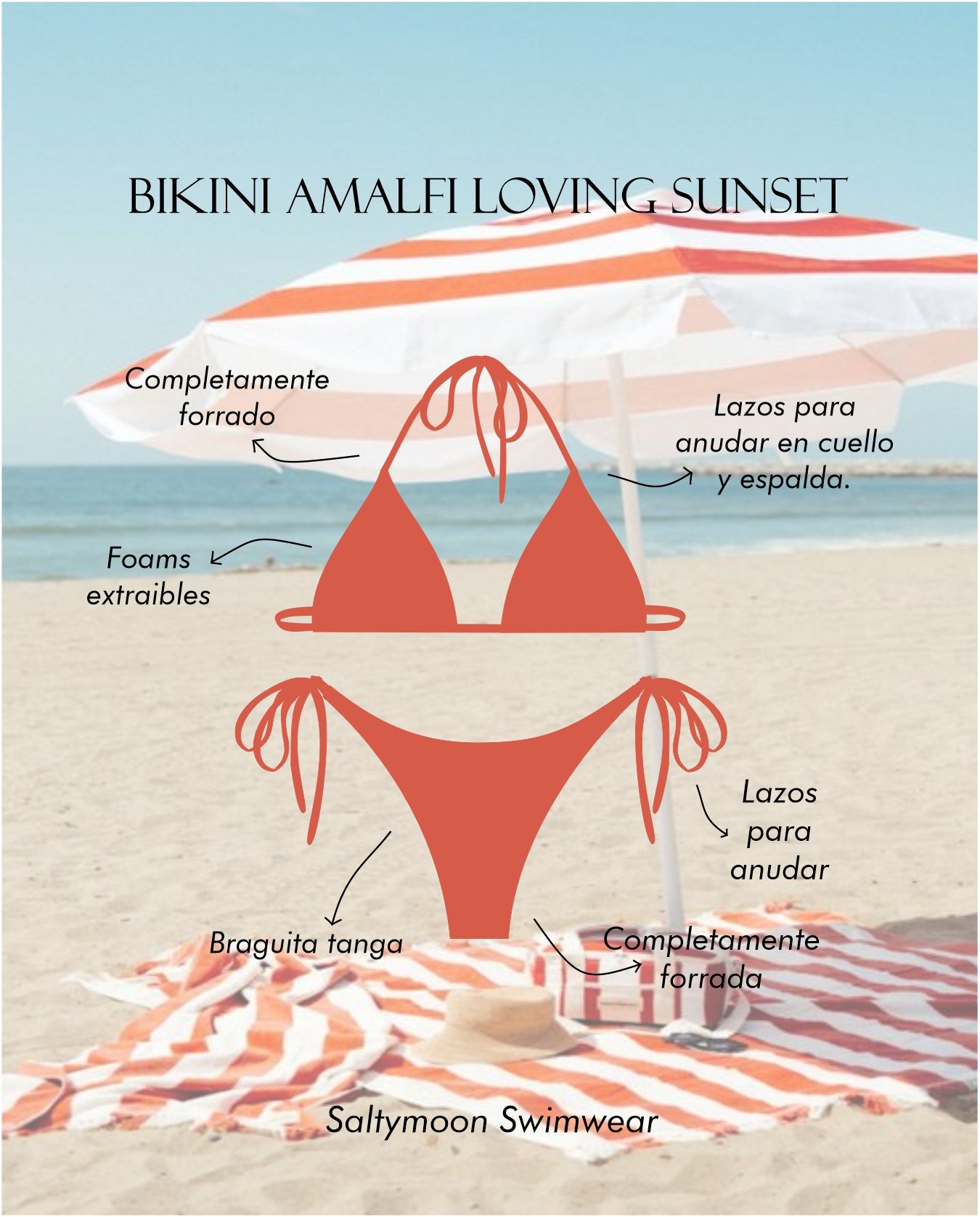 Bikini Amalfi Loving Sunet - detalles del diseño top triangulito y braguita tanga Saltymoon