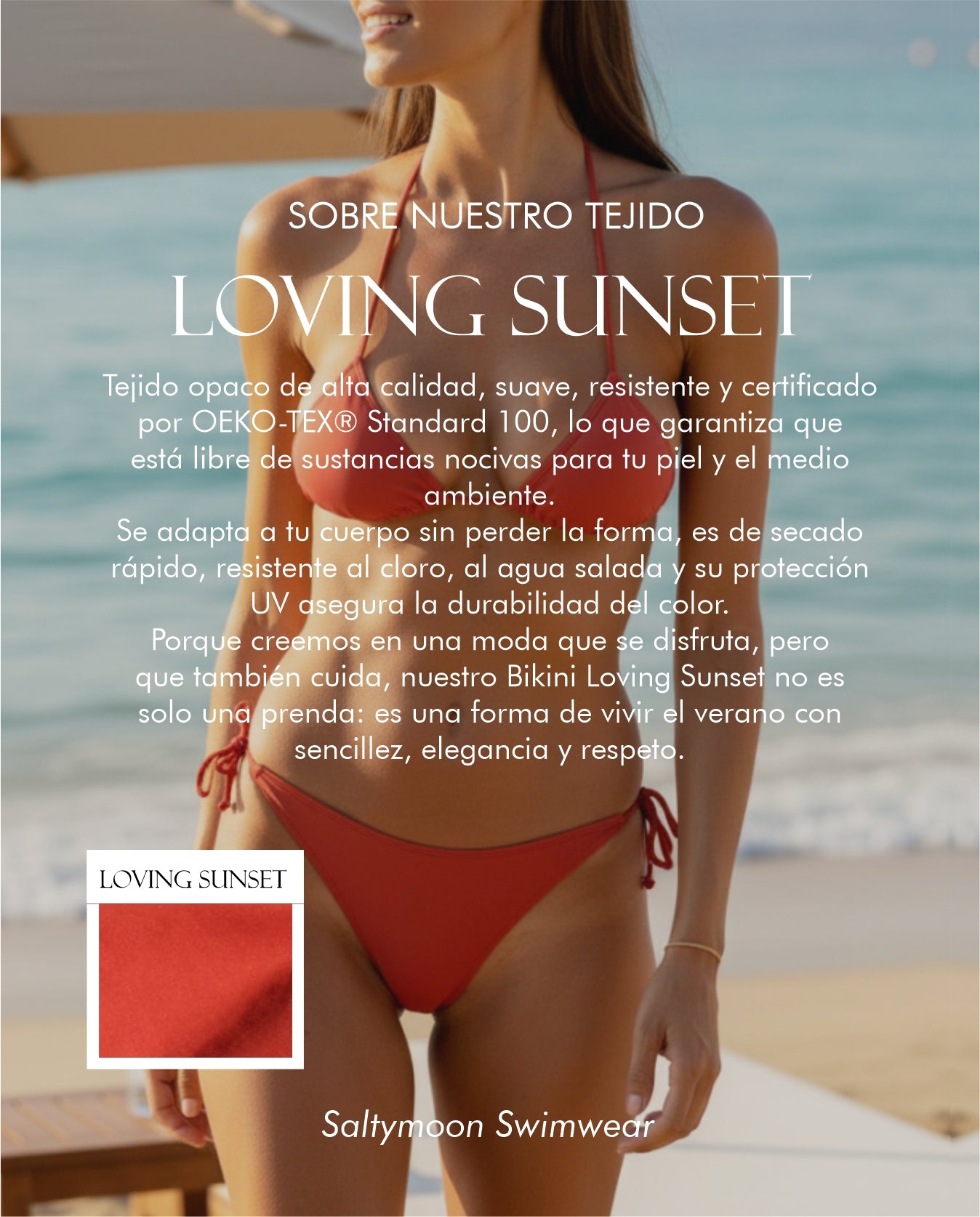 Bikini Amalfi Loving Sunset características del tejido de licra en color rojo teja opaco