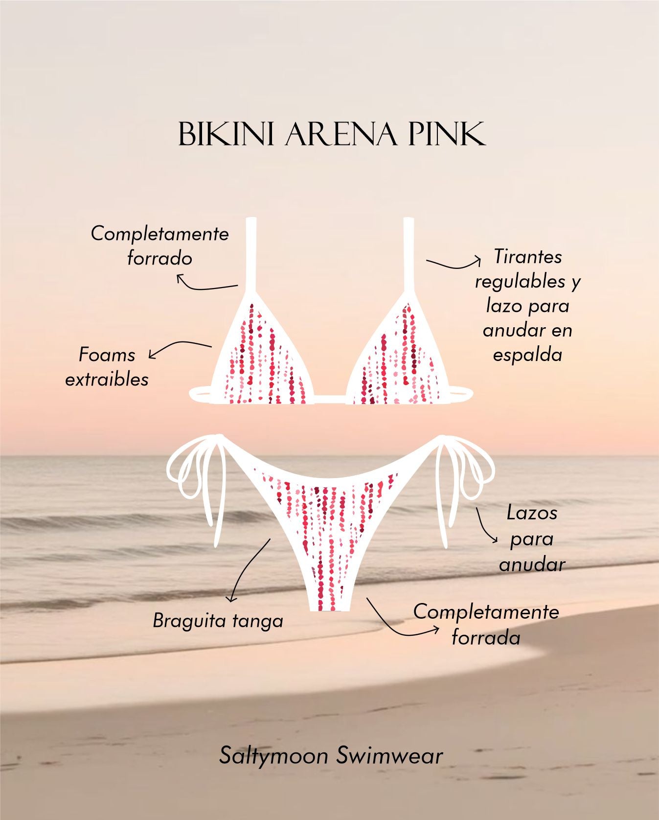Bikini Arena Pink de licra con estampado artesanal - detalles del diseño
