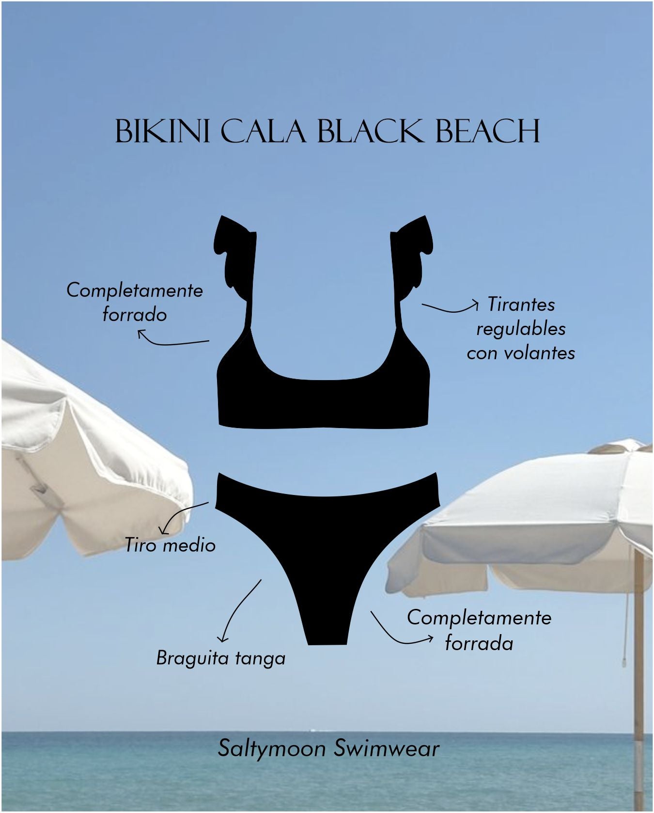 Detalles de diseño del modelo de bikini cala black beach en pique negro