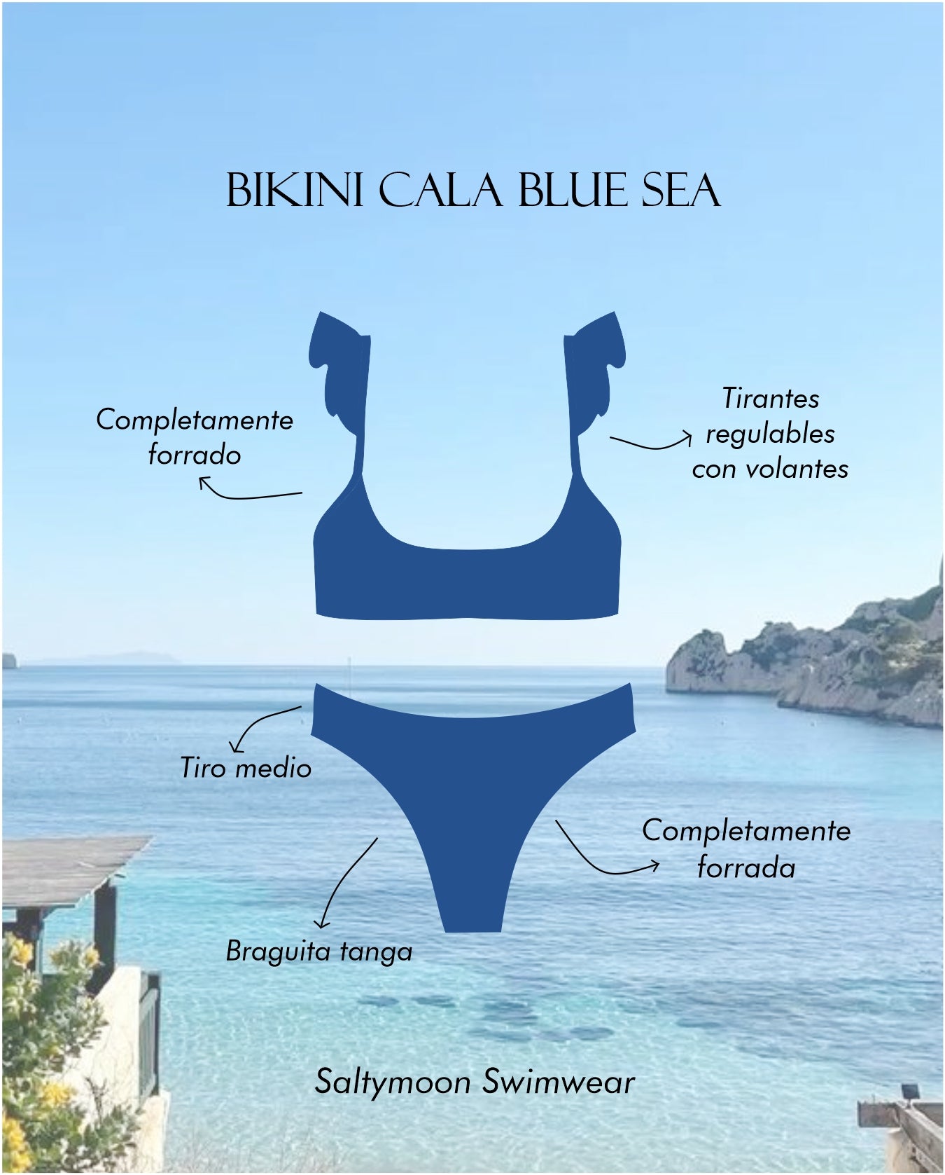 Bikini Cala Blue Sea - detalles del diseño top con volantes y braguita tanga 