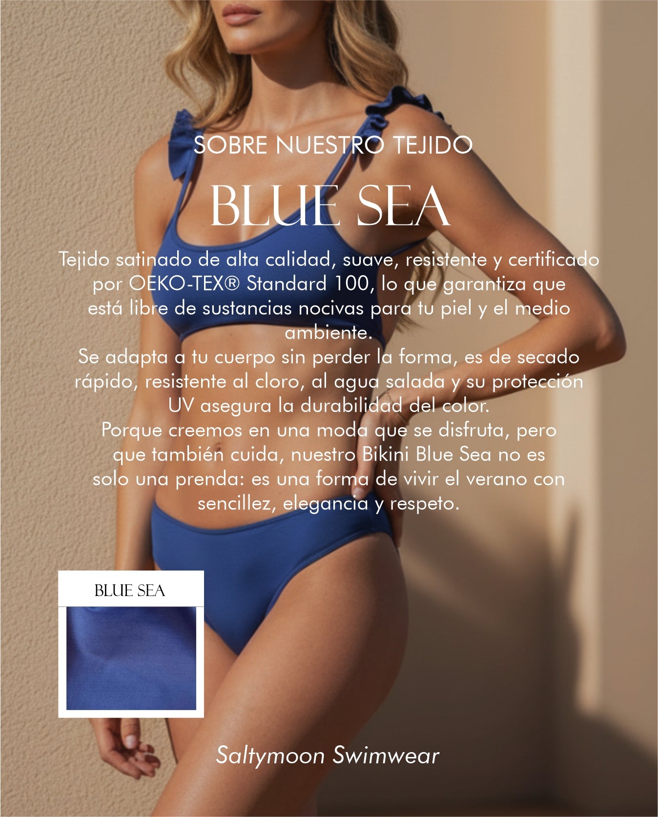 Bikini Cala Blue Sea características del tejido de licra en color azul satinado