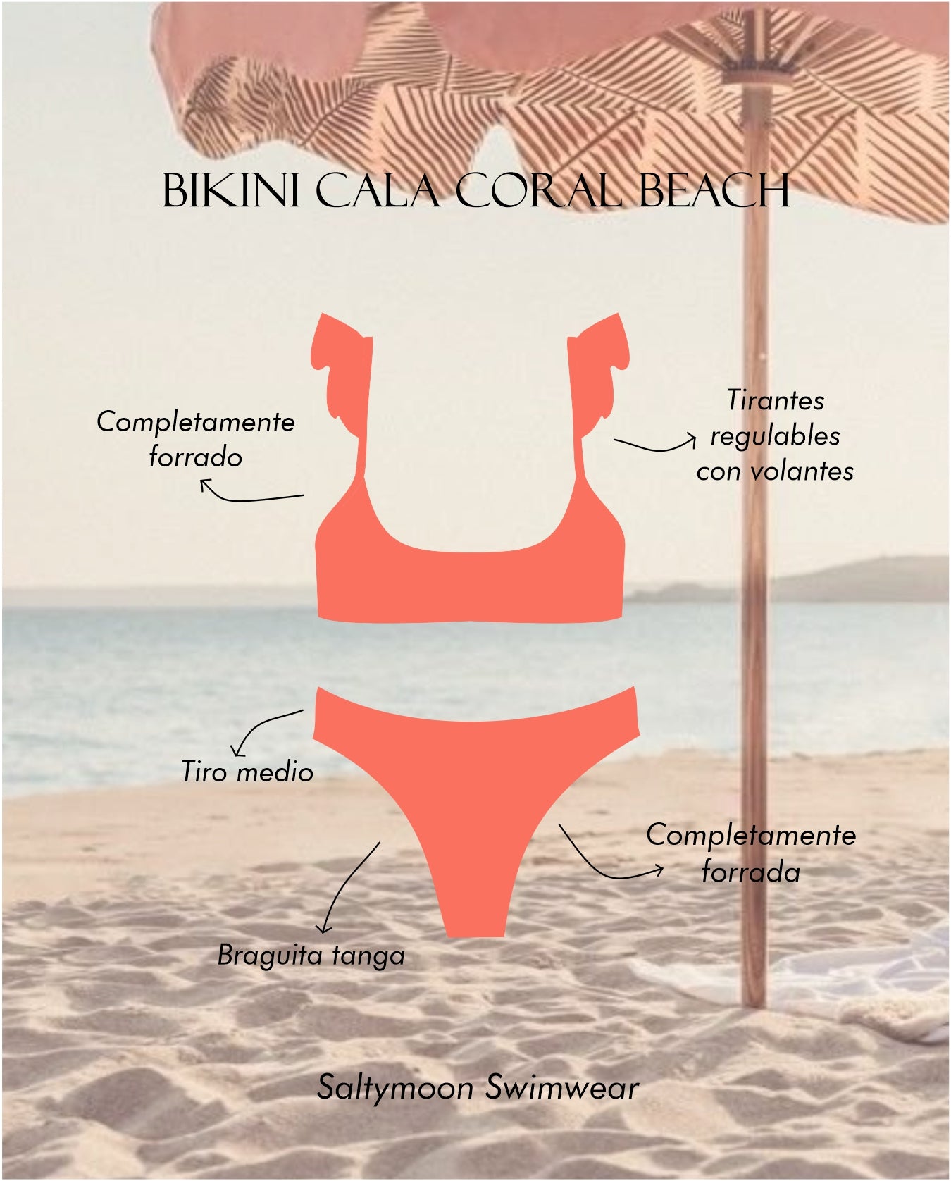 Bikini Cala Coral Beach - detalles del diseño top con volantes y braguita tanga 