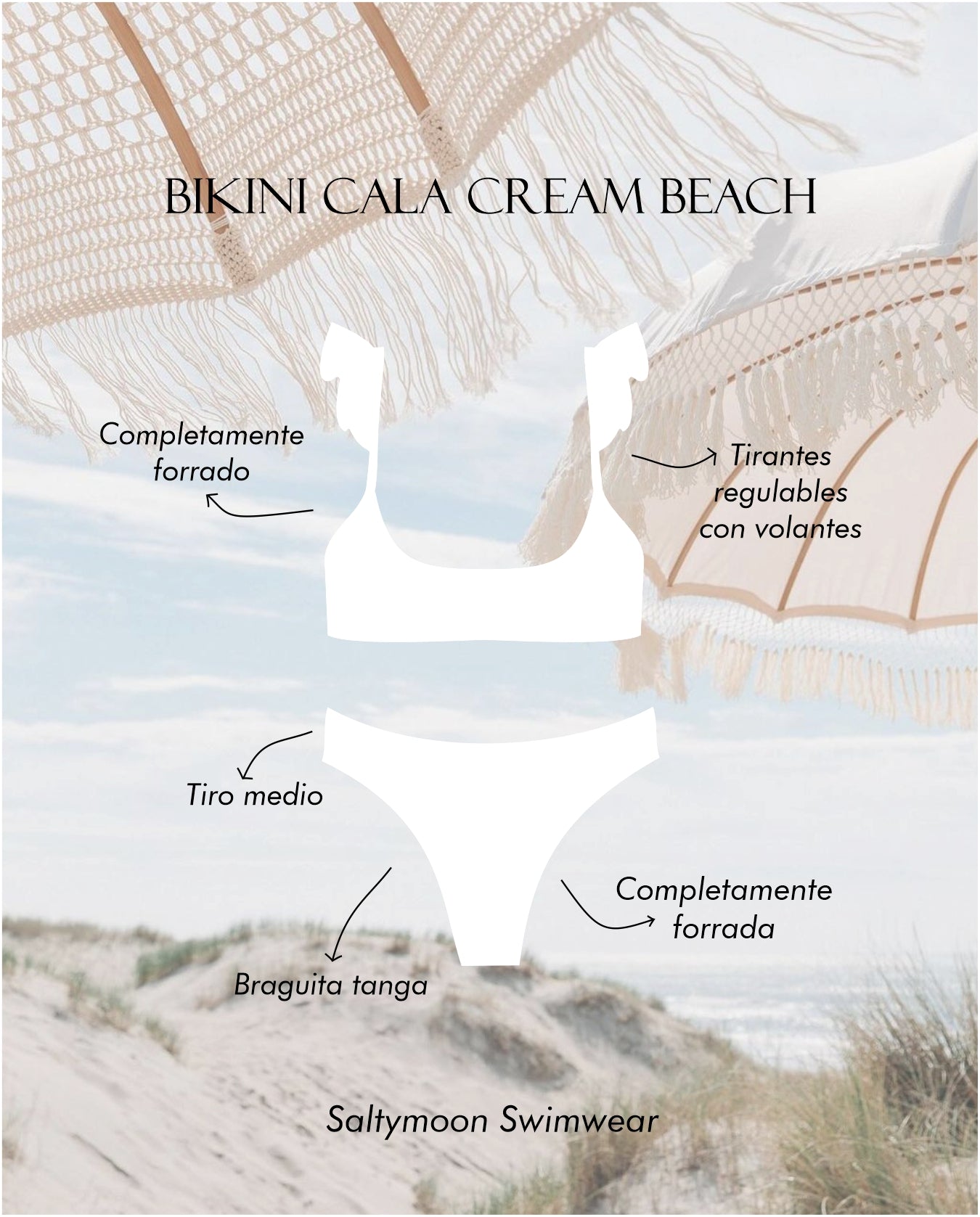 Bikini Cala Cream Beach - detalles del diseño top con volantes y braguita tanga Saltymoon