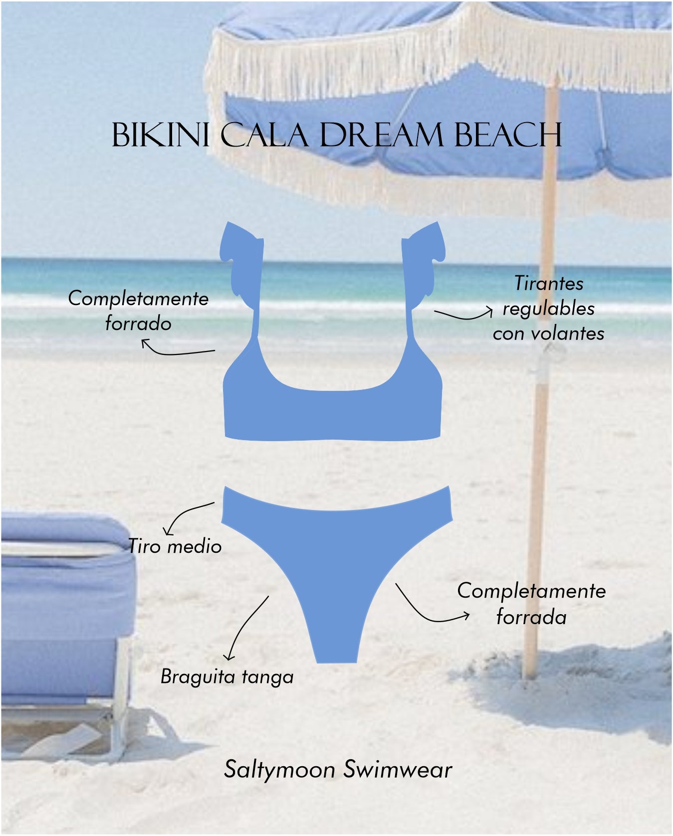 Bikini Cala Dream Beach - detalles del diseño top con volantes y braguita tanga 