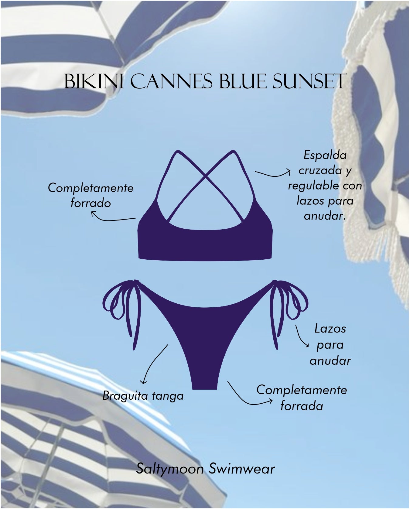 Cannes Blue Sunset - Características del bikini con espalda cruzada y braguita tanga en color azul