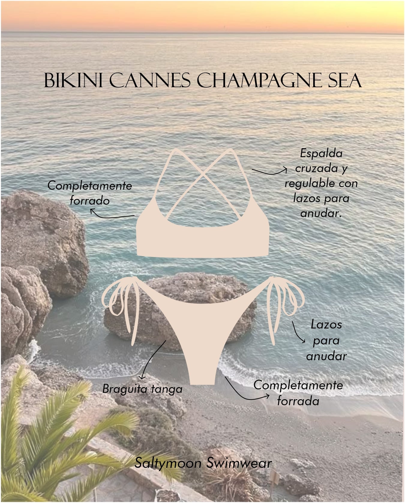 Cannes Champagne Seat - Características del bikini con espalda cruzada y braguita tanga en color beige