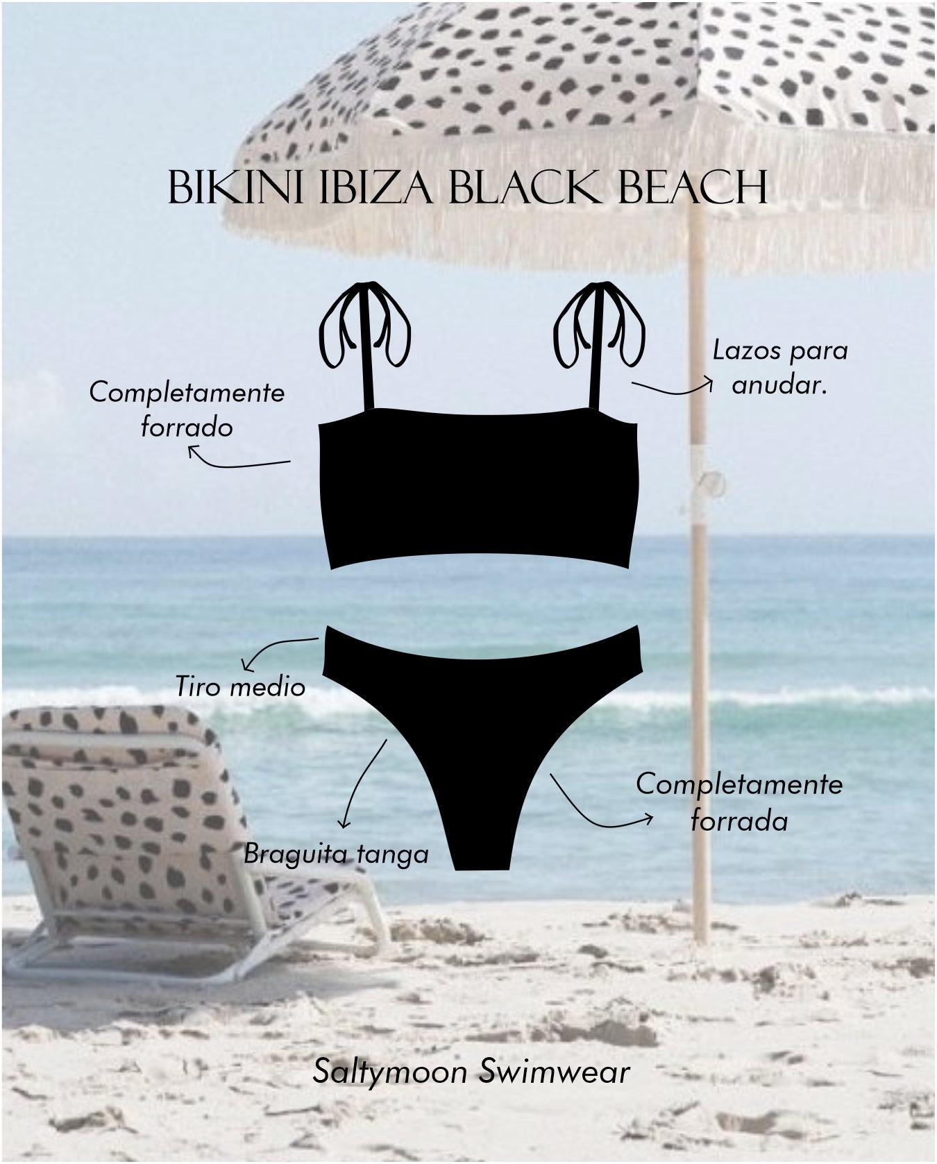 Bikini Ibiza Black Beach con lazos y braguita tanga en  pique color negro - detalles del diseño