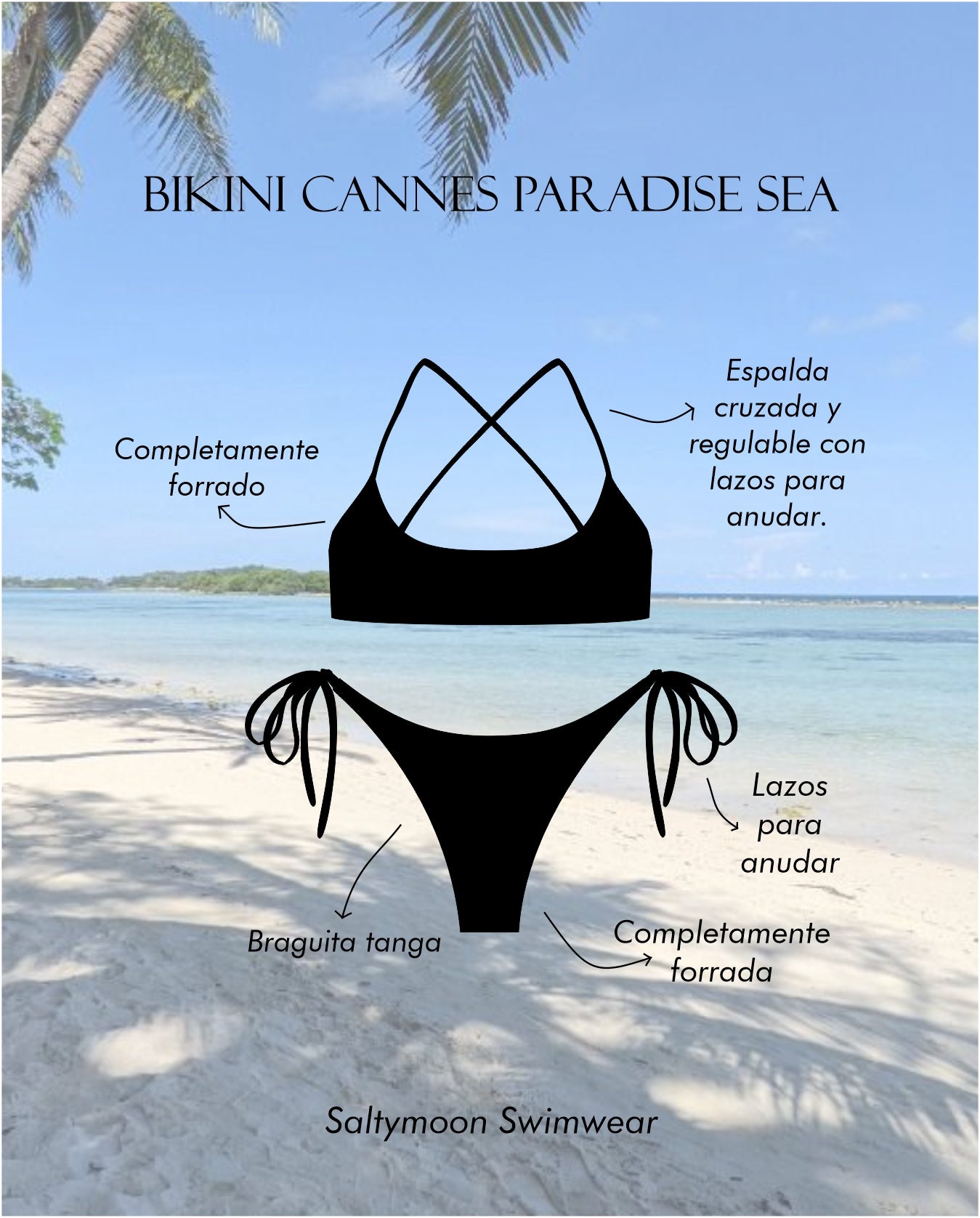 Cannes Paradise Sea - Características del bikini con espalda cruzada y braguita tanga en color negro