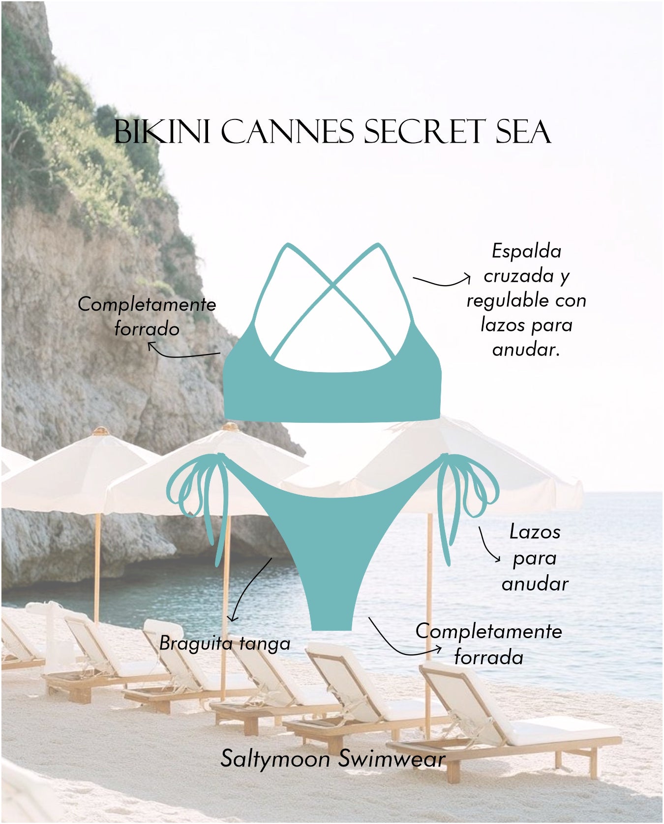 Cannes Secret Sea - Características del bikini con espalda cruzada y braguita tanga en color verde agua