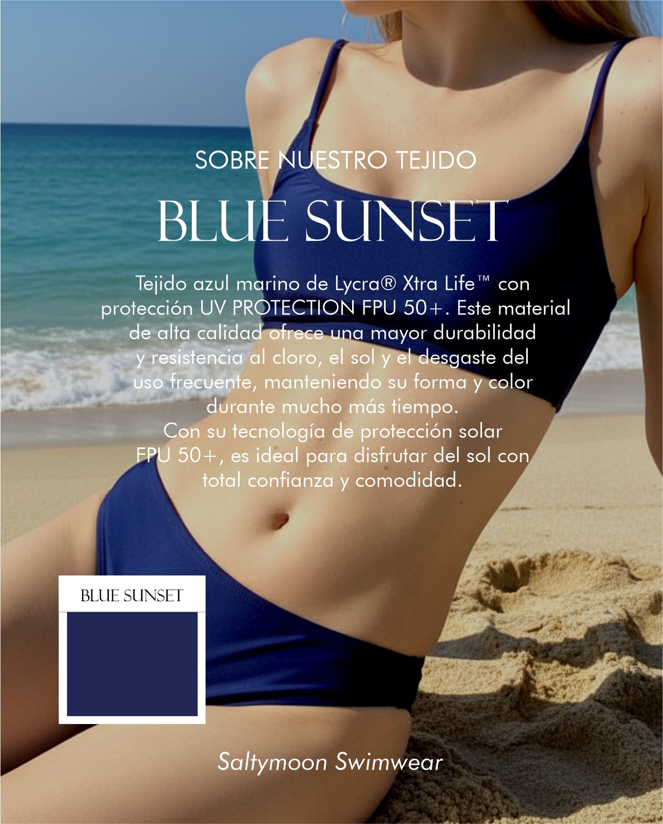 Bikini Capri Blue Sunset características del tejido de lycra azul opaco