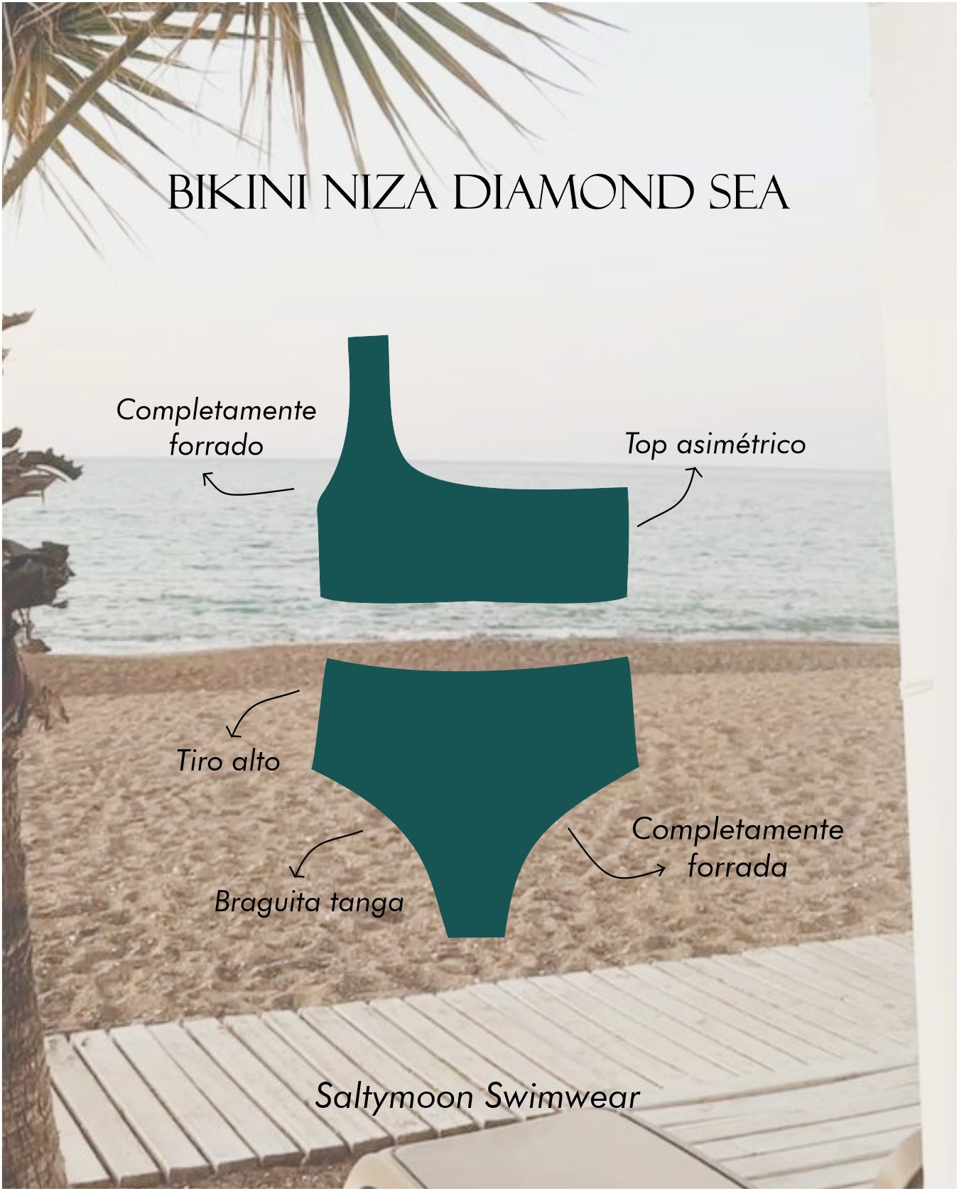 Bikini Niza Diamond Sea con top asimétrico y braga alta en color verde - detalles del diseño